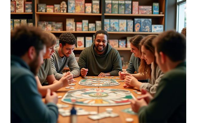 Gruppe von Menschen spielt Brettspiele an einem Tisch