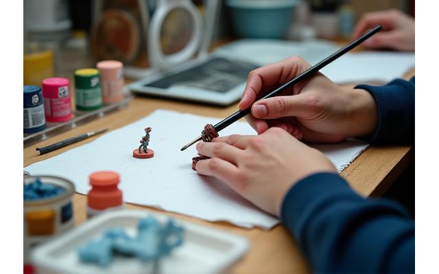 Hände, die eine Miniatur bemalen mit Pinseln und Farben im Hintergrund