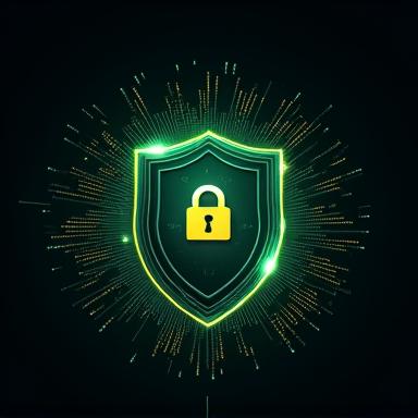 Ein stilisiertes Schutzschild mit dem Buchstaben 'D' oder 'GDPR'-Symbol, umgeben von digitalen Elementen, die Datensicherheit und Datenschutz repräsentieren.