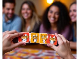 Person spielt Exploding Kittens mit lustigen Karten