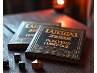 Dungeons & Dragons Player's Handbook und Würfel auf einem Tisch
