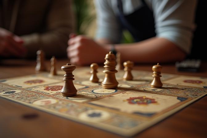 Karten und Spielsteine für ein Kartenspiel ausgelegt.