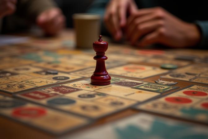 Verschiedenes Spielzubehör wie Würfel, Spielsteine und Kartenhüllen.