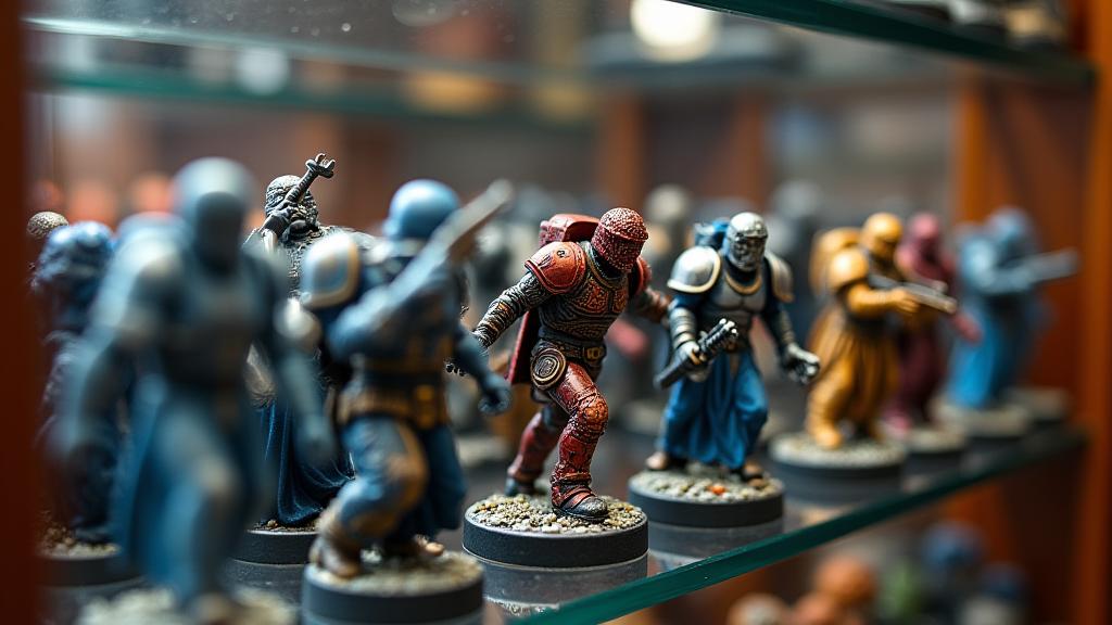 Vitrinen mit detaillierten Miniaturfiguren und Zubehör im Würfelgarten