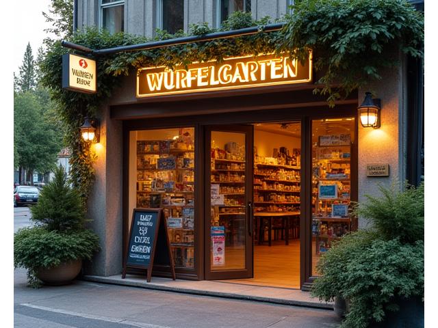 Außenansicht des Würfelgarten Ladens mit freundlich beleuchtetem Eingang